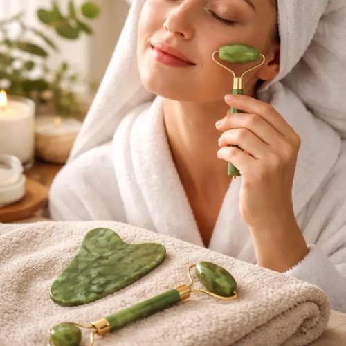 Massageador Facial Beladermy com Rolo de Jade e Ferramenta Gua Sha em Pedra Natural do Himalaia para Tratamento Facial e Pescoço, Redução de Rugas e Aplicação de Sérum